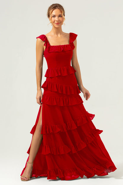 Burgundy A-Line Ruffleed Chiffon Long Bridesmaid Dress with Slit