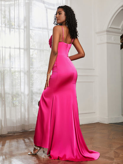 Cowl Neck Sweep Train Mermaid Satin Prom Dress Fuchsia