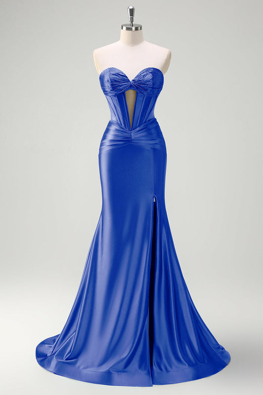 Royal Blue Beaded Mermaid Sweetheart Long Prom Dress with Slit