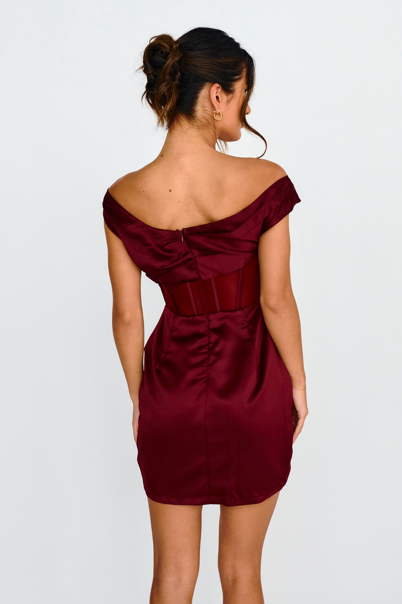 Lizetta Boat Neck Gathered Mini Dress Burgundy