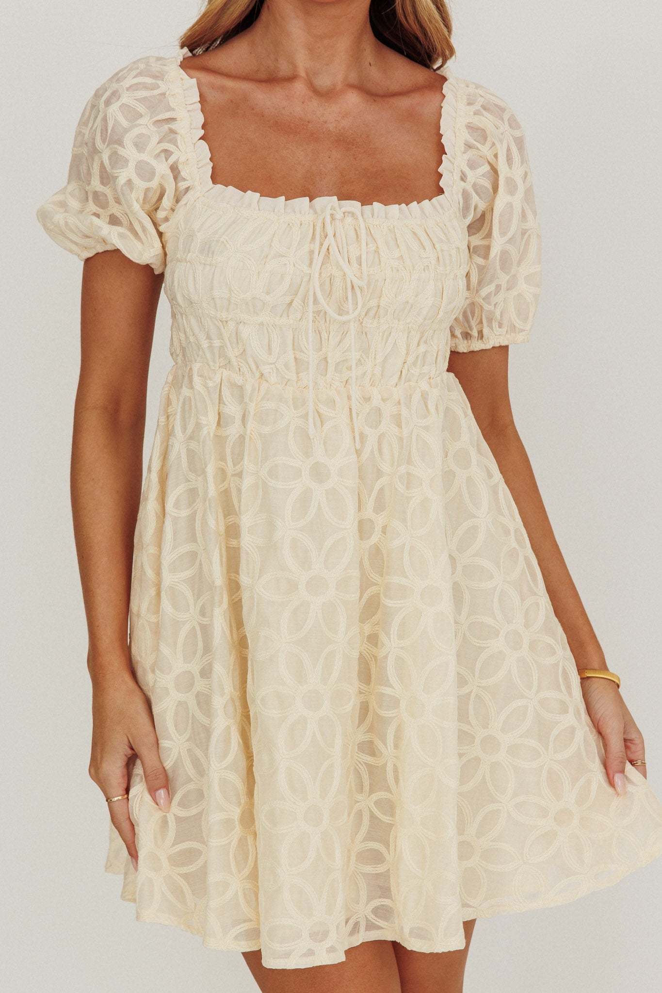 Dandelions Puff Sleeves A-Line Mini Dress Cream