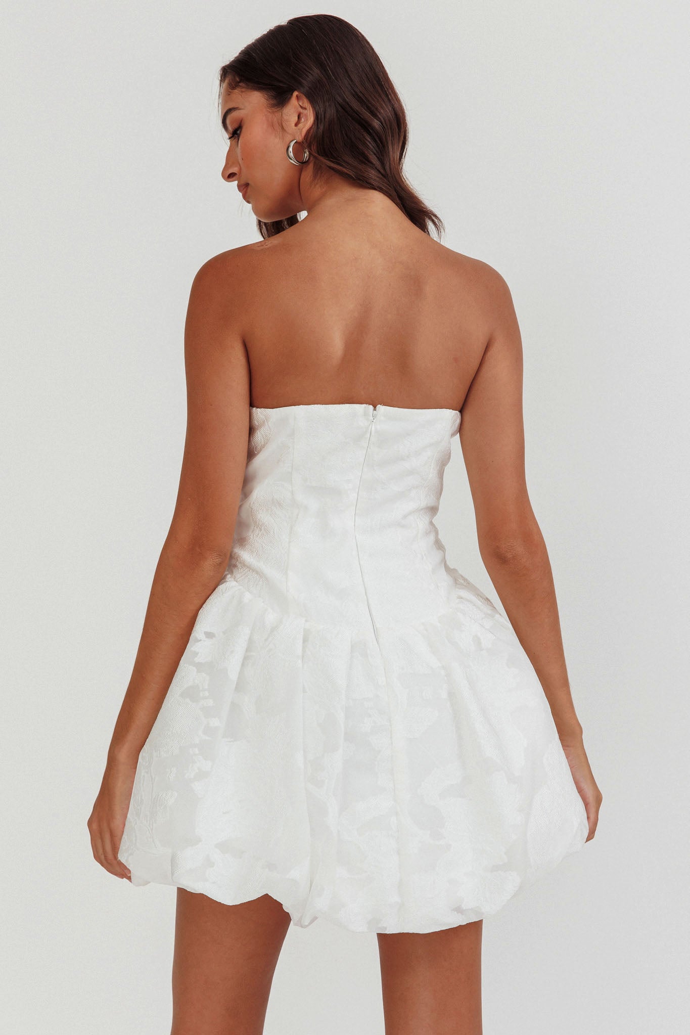 Monti Strapless Bubble Hem Mini Dress Embroidered White