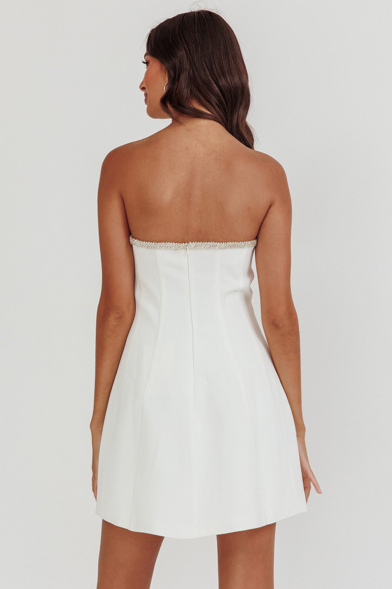 Macaila Rhinestone Trim Strapless Mini Dress Off White