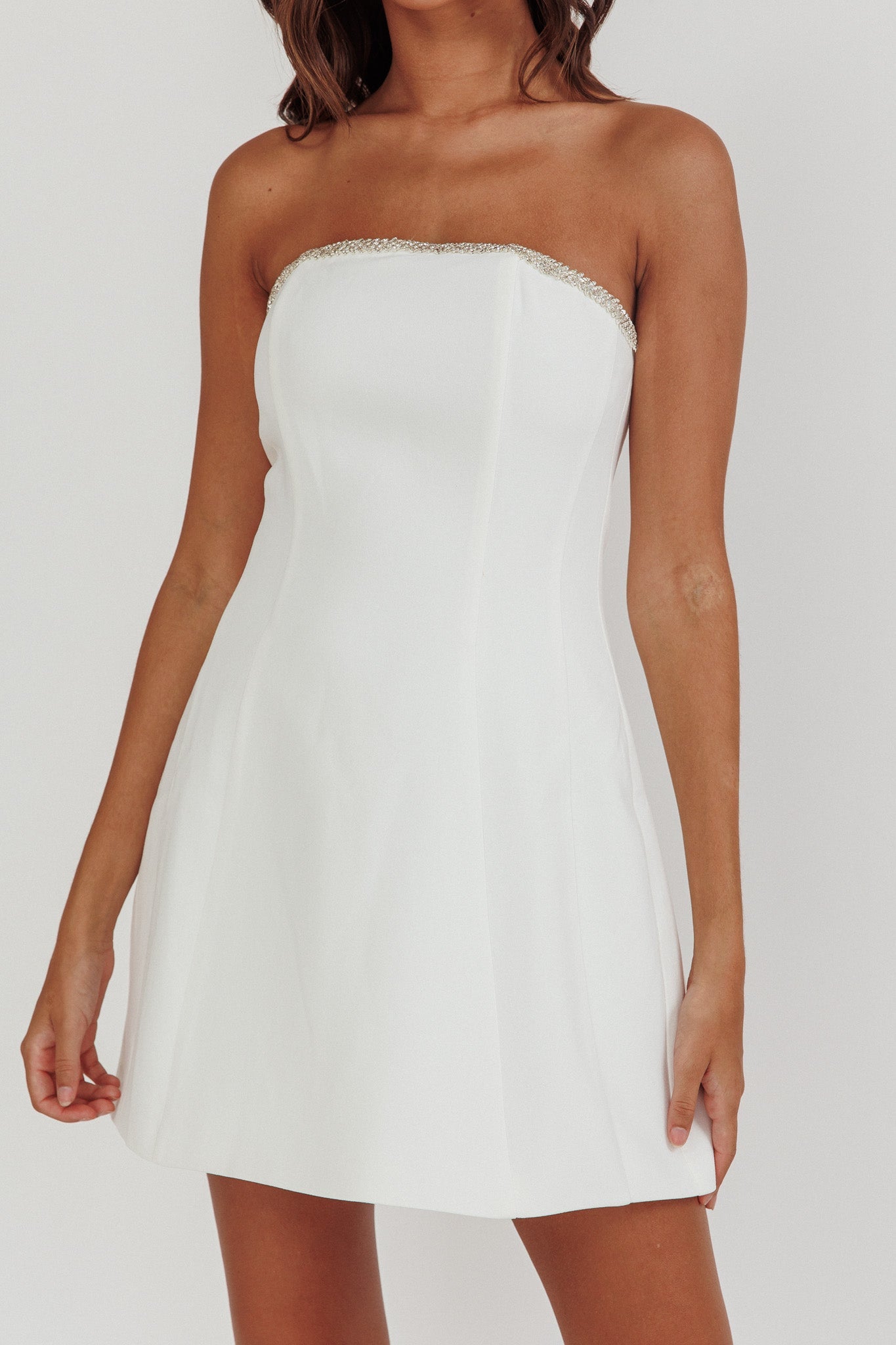 Macaila Rhinestone Trim Strapless Mini Dress Off White