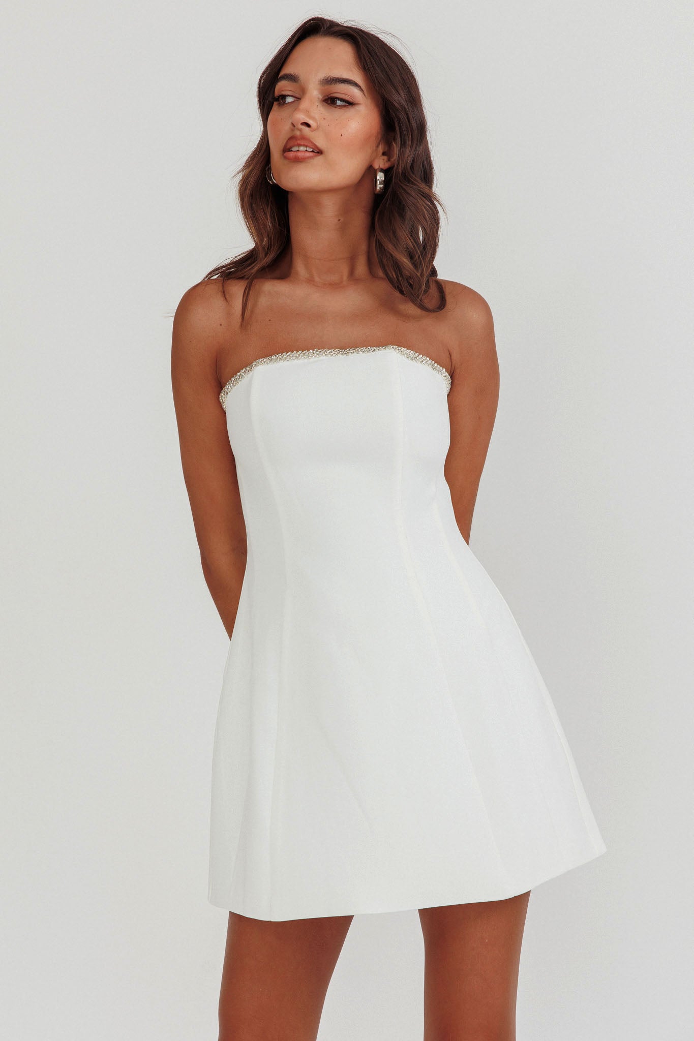 Macaila Rhinestone Trim Strapless Mini Dress Off White