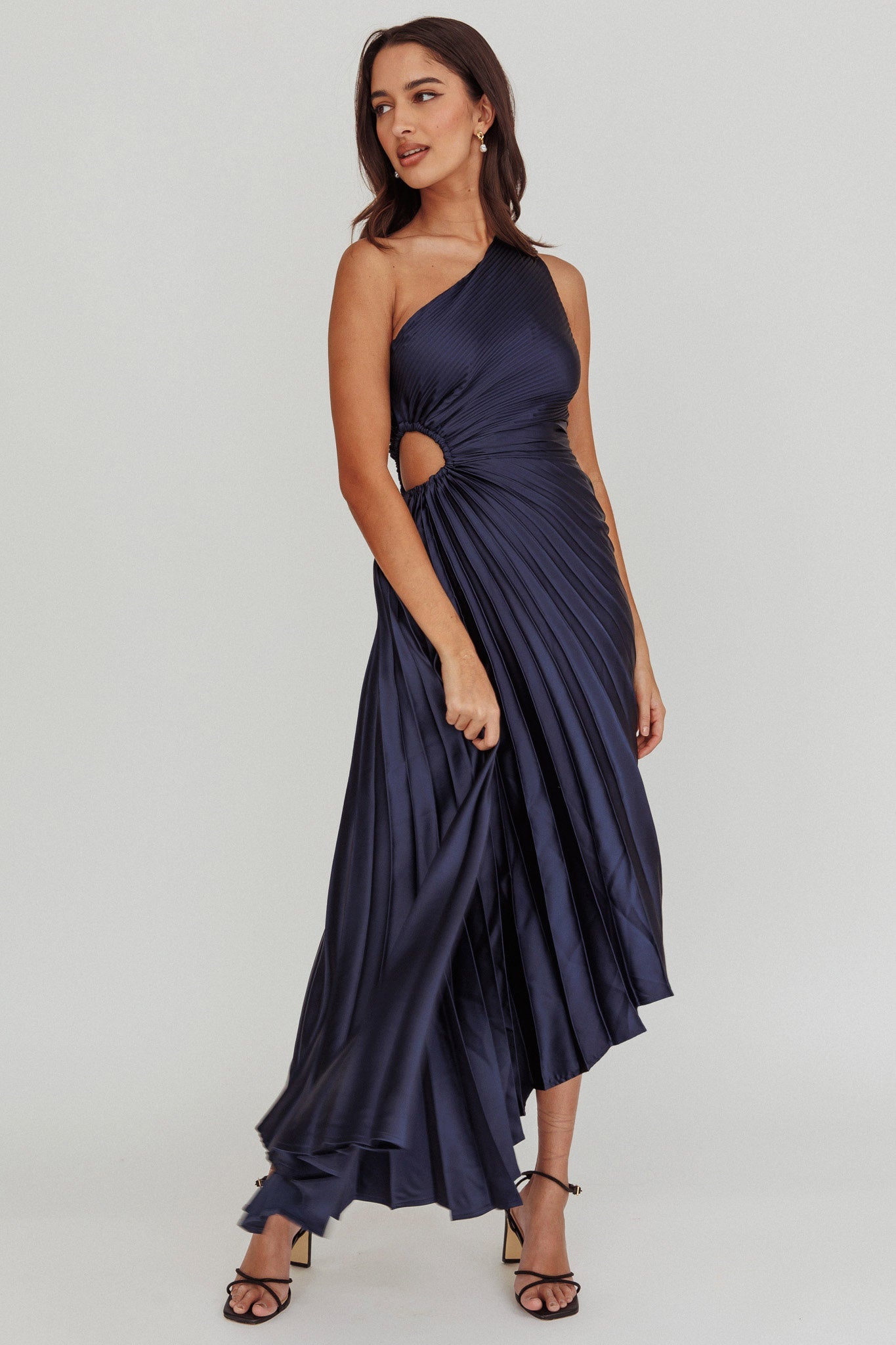 Brooklynn One-Shoulder Accordion Pleat Midi Dress Navy