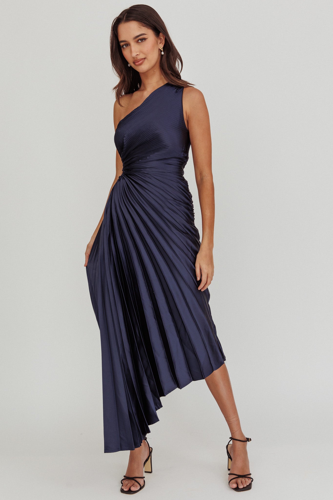 Brooklynn One-Shoulder Accordion Pleat Midi Dress Navy