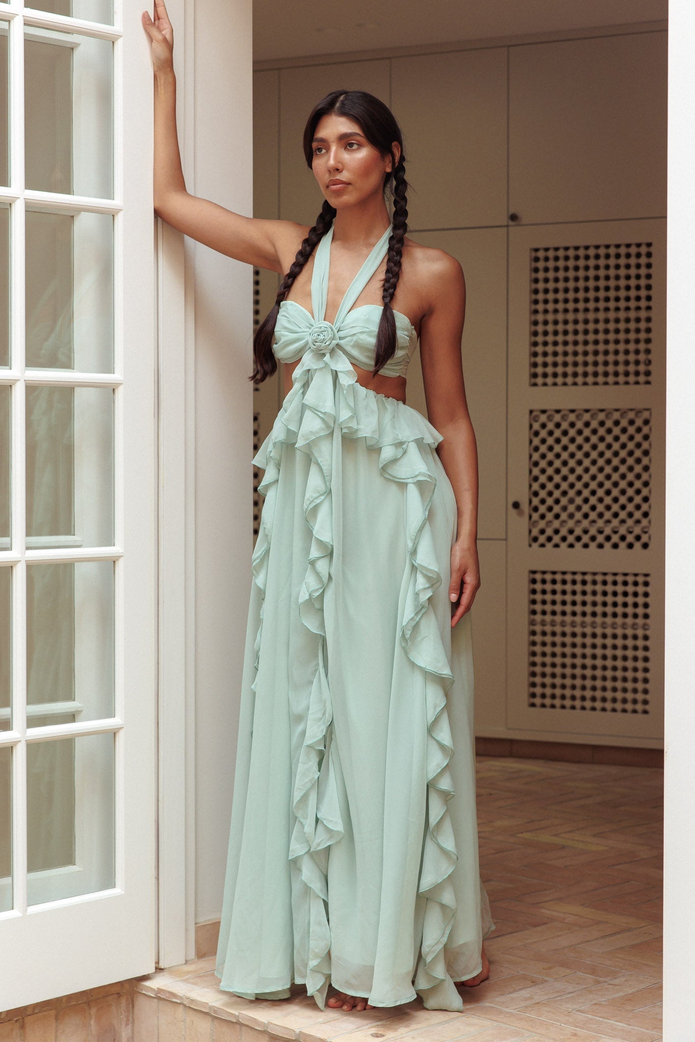 Santiago Cut-Out Ruffle Maxi Dress Sage