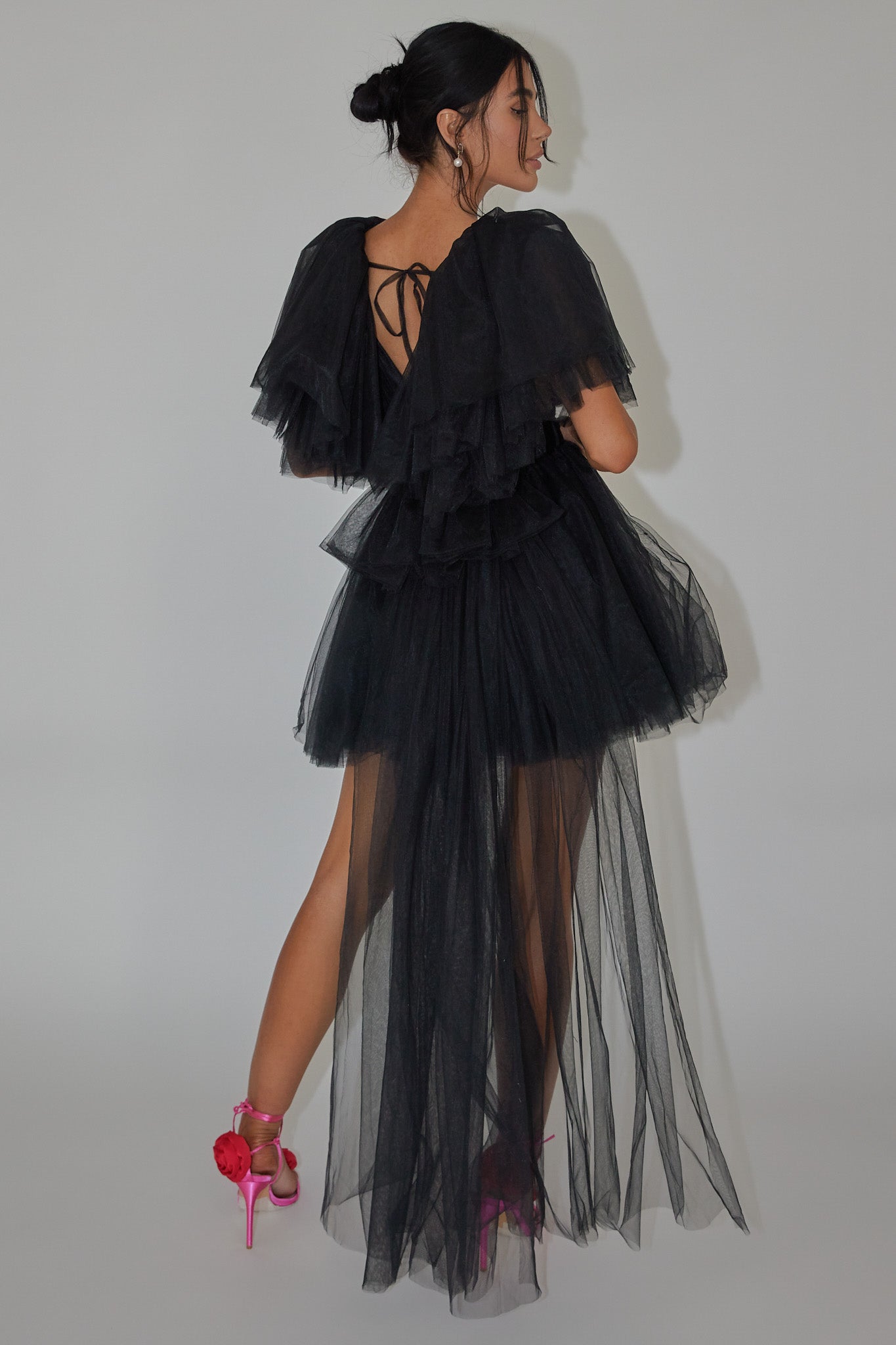 Star Power Tulle Train Mini Dress Black