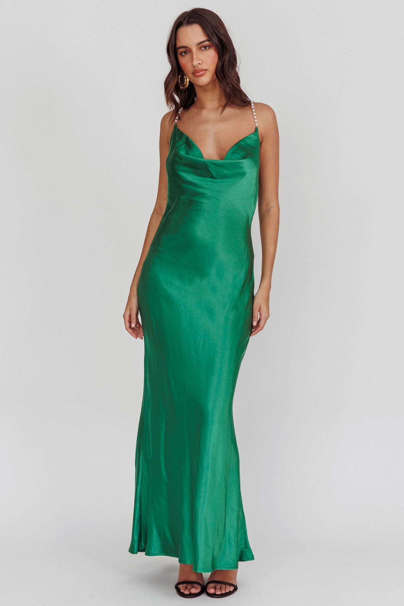 Danijela Cowl Neck Pearl Satin Maxi Dress Emerald