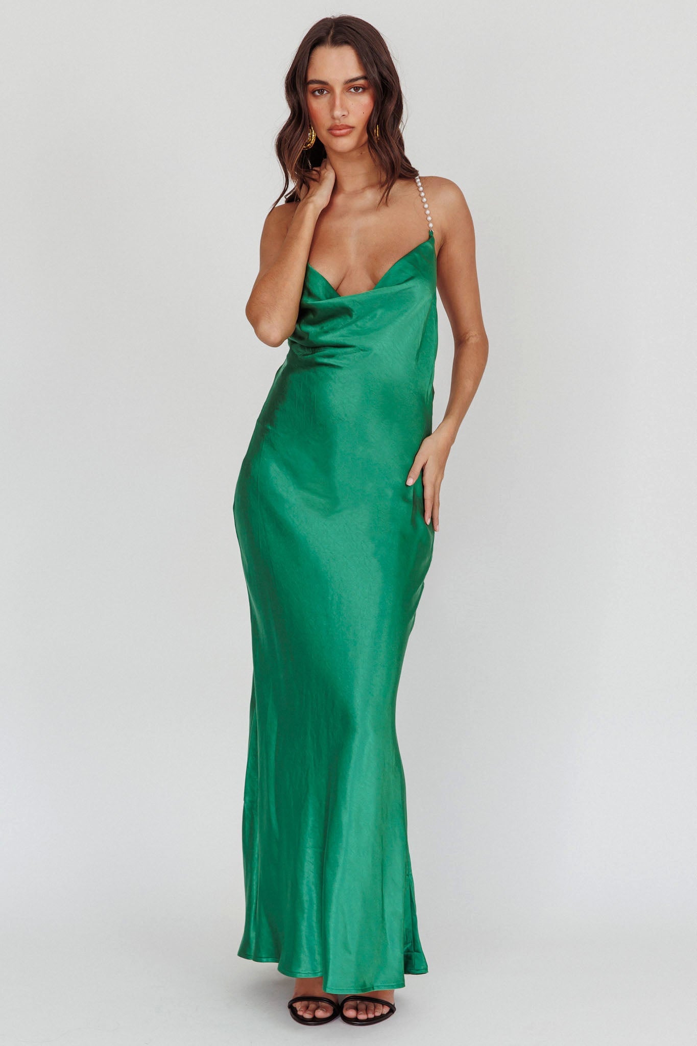 Danijela Cowl Neck Pearl Satin Maxi Dress Emerald