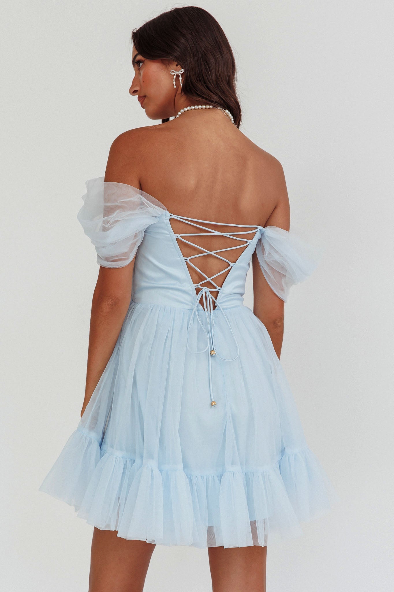 Pixi Off-Shoulder Lace-Up Back Dress Baby Blue