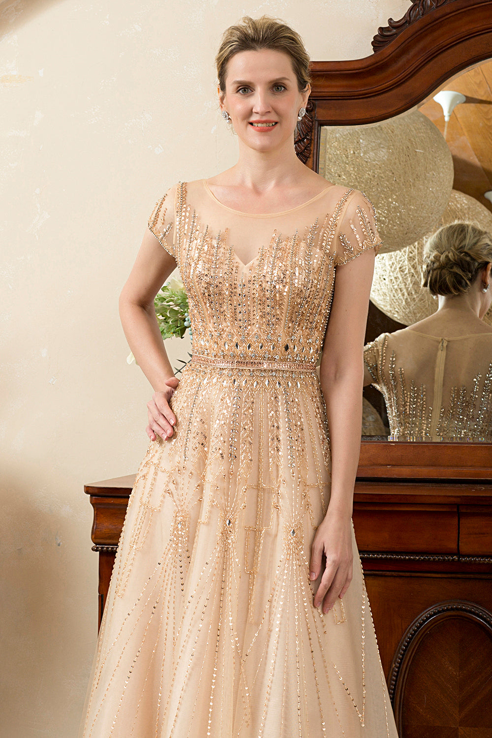 Golden Beaded Mother of Bride Dress