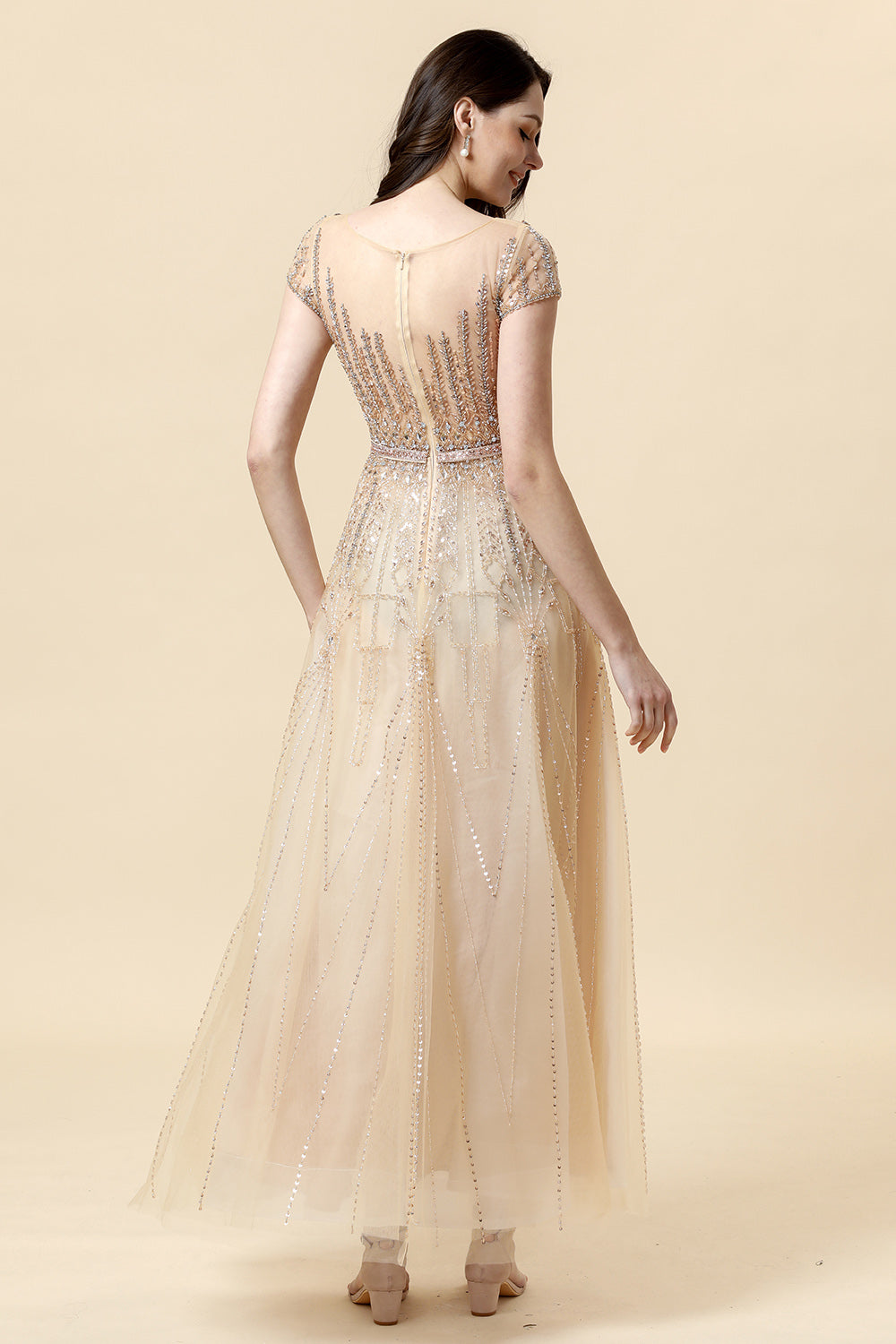 A Line Round Neck Golden Beaded Floor Length Formal Dress