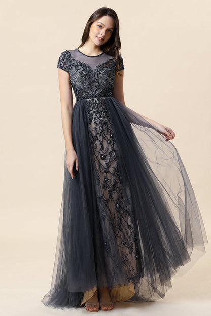 Sparkly Navy Beaded Long Formal Dress