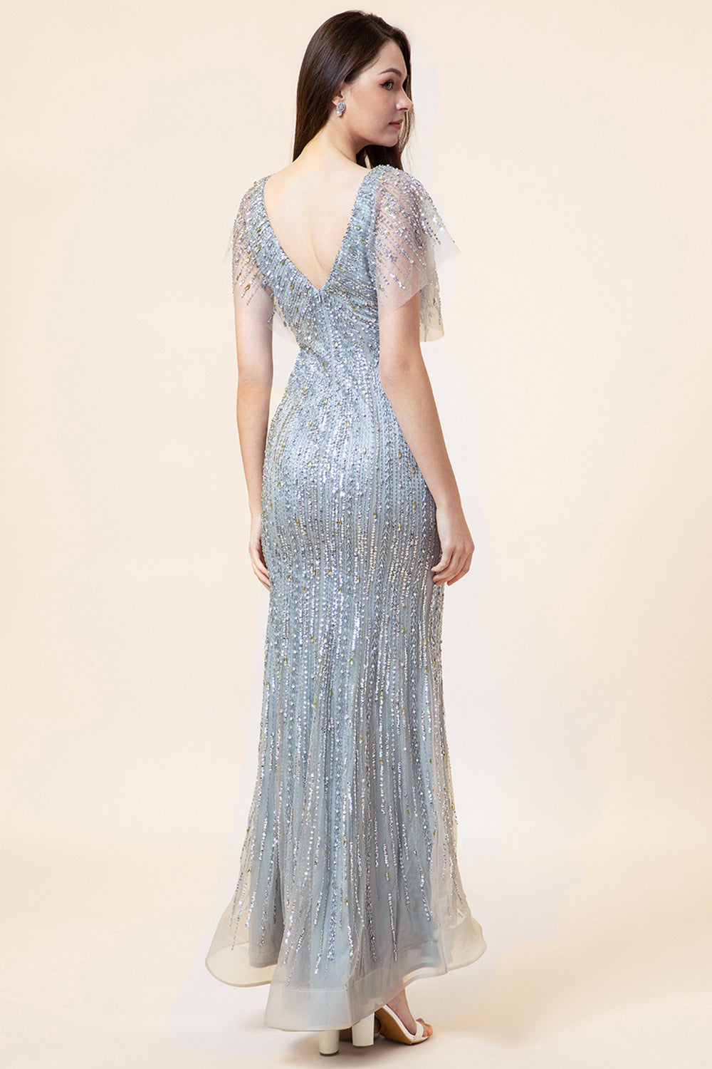 Sparkly Grey Beaded Mermaid Long Evening Dress