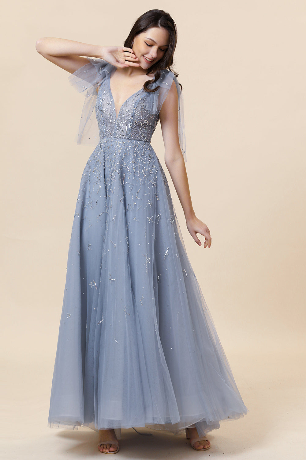 Sparkly Beaded Grey Long Tulle Prom Dress