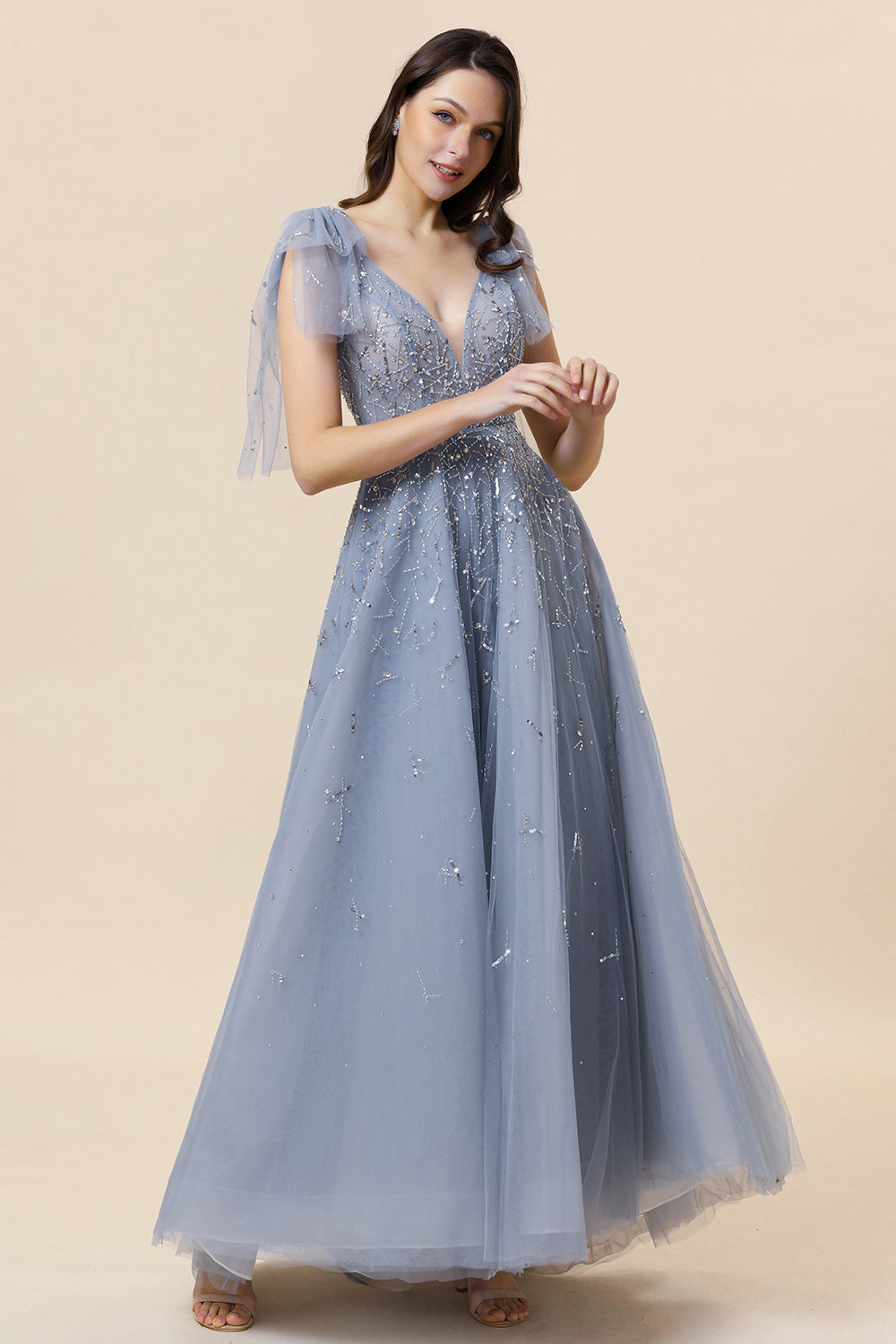 Sparkly Beaded Grey Long Tulle Prom Dress