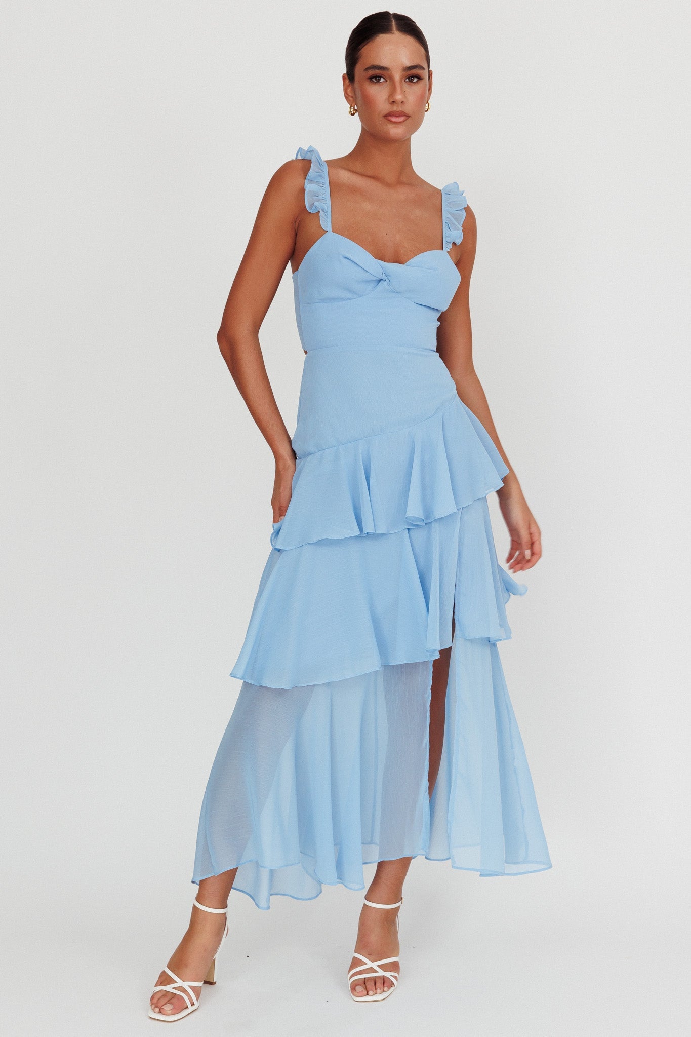 Veda Ruffle Strap Split Maxi Dress Blue