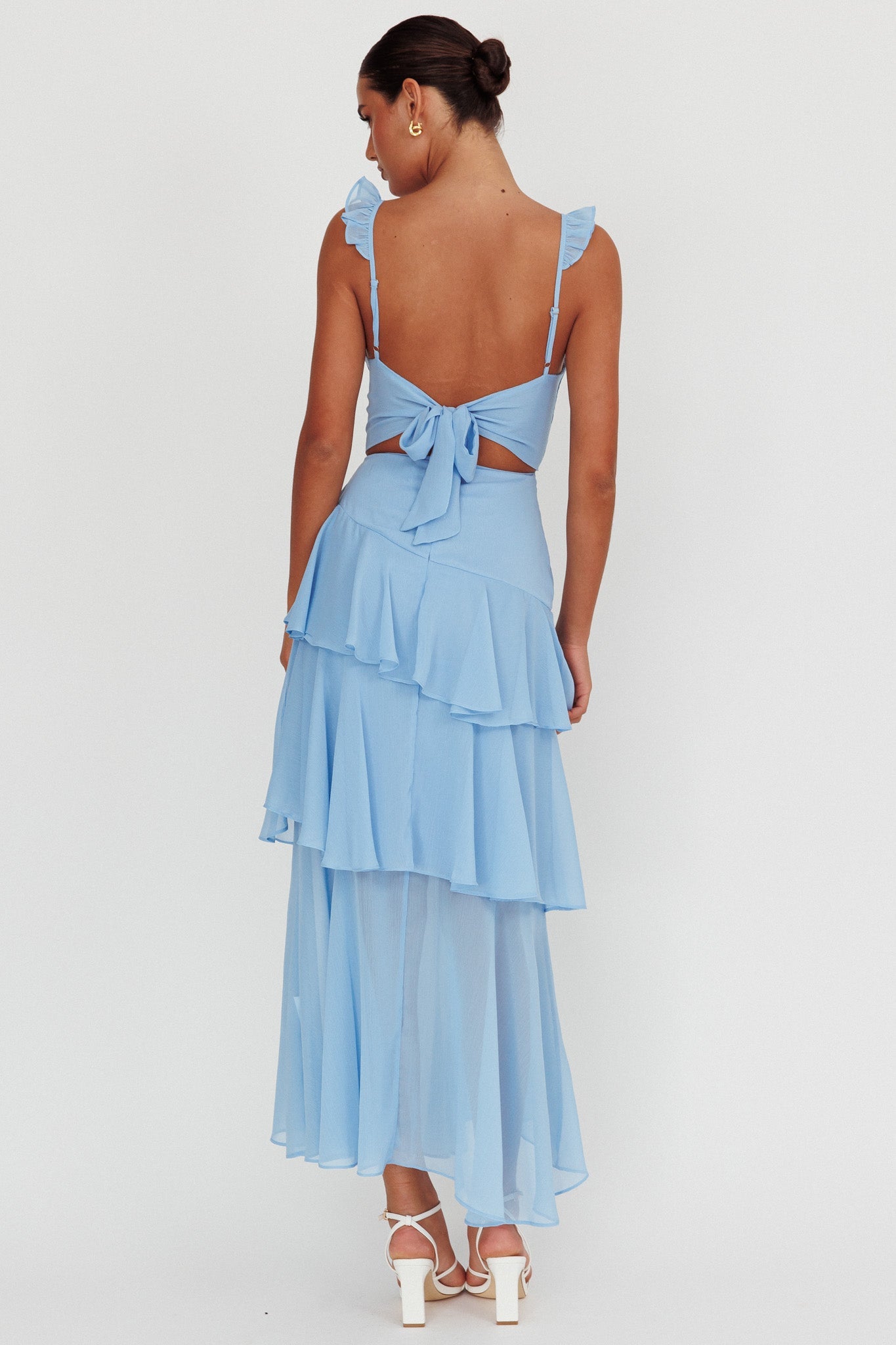 Veda Ruffle Strap Split Maxi Dress Blue