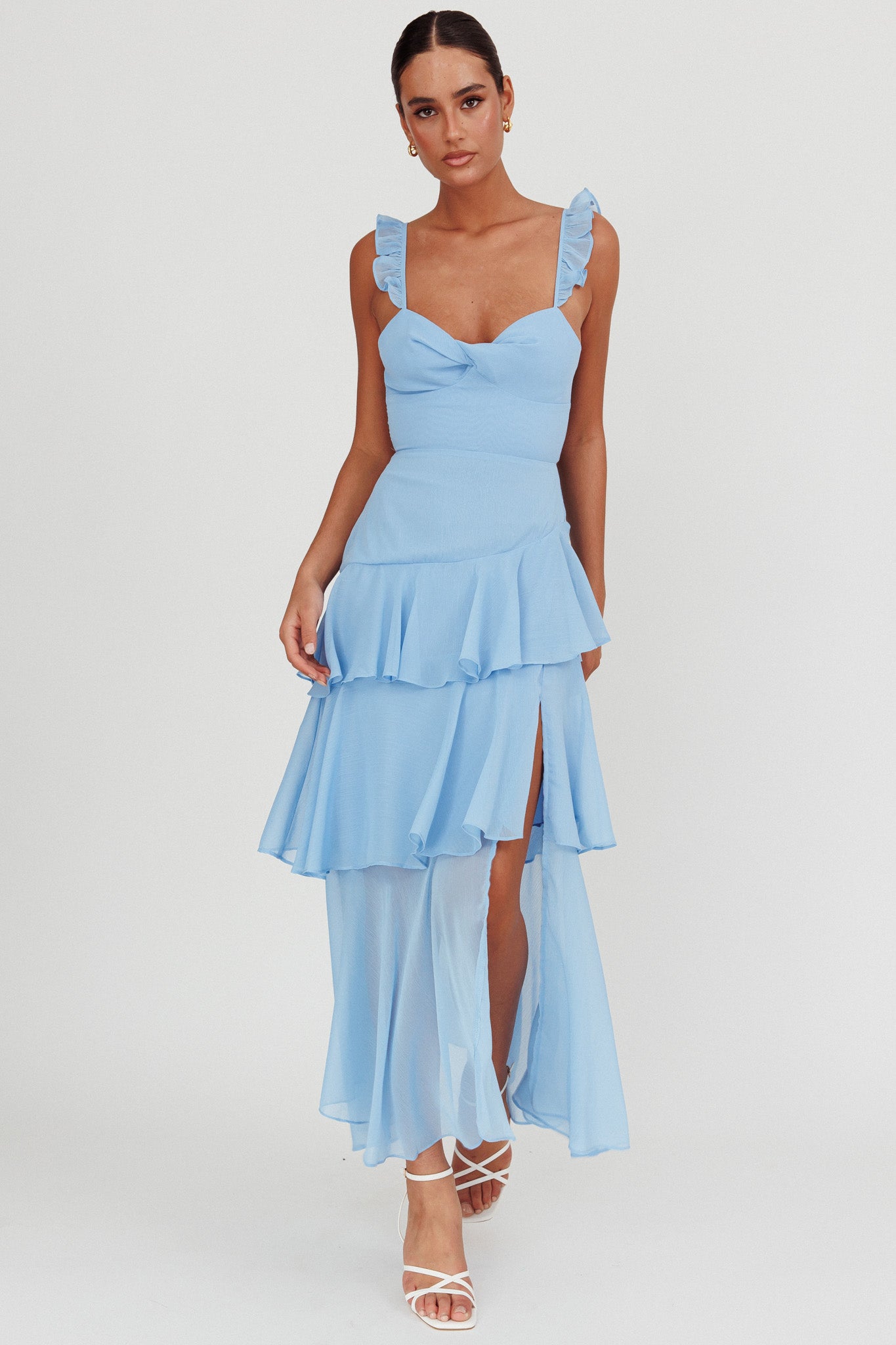 Veda Ruffle Strap Split Maxi Dress Blue