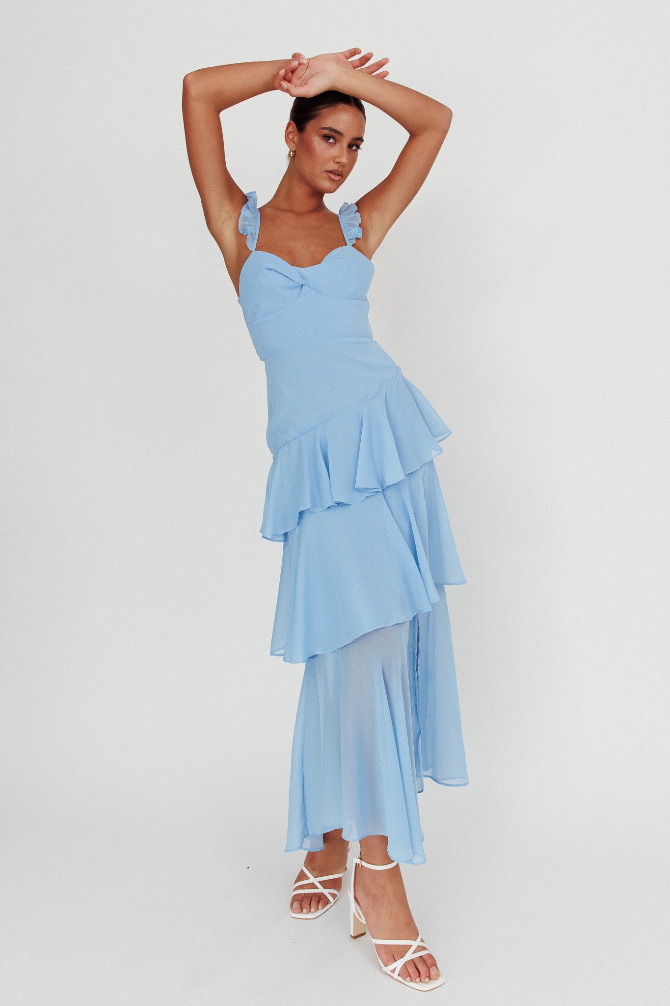 Veda Ruffle Strap Split Maxi Dress Blue