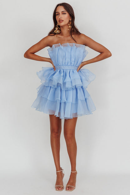 Bon Bon Tiered Chiffon Mini Dress Baby Blue