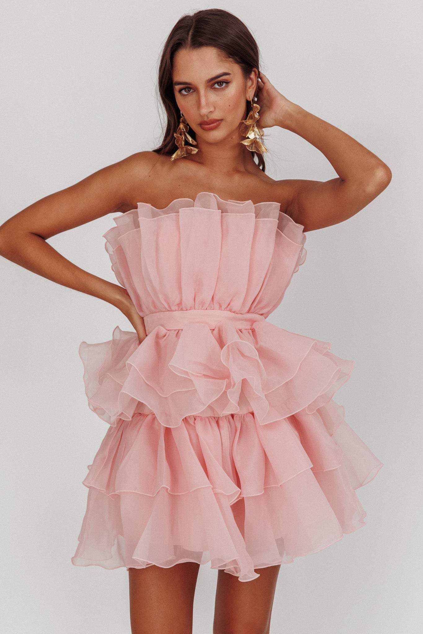 Bon Bon Tiered Chiffon Mini Dress Blush