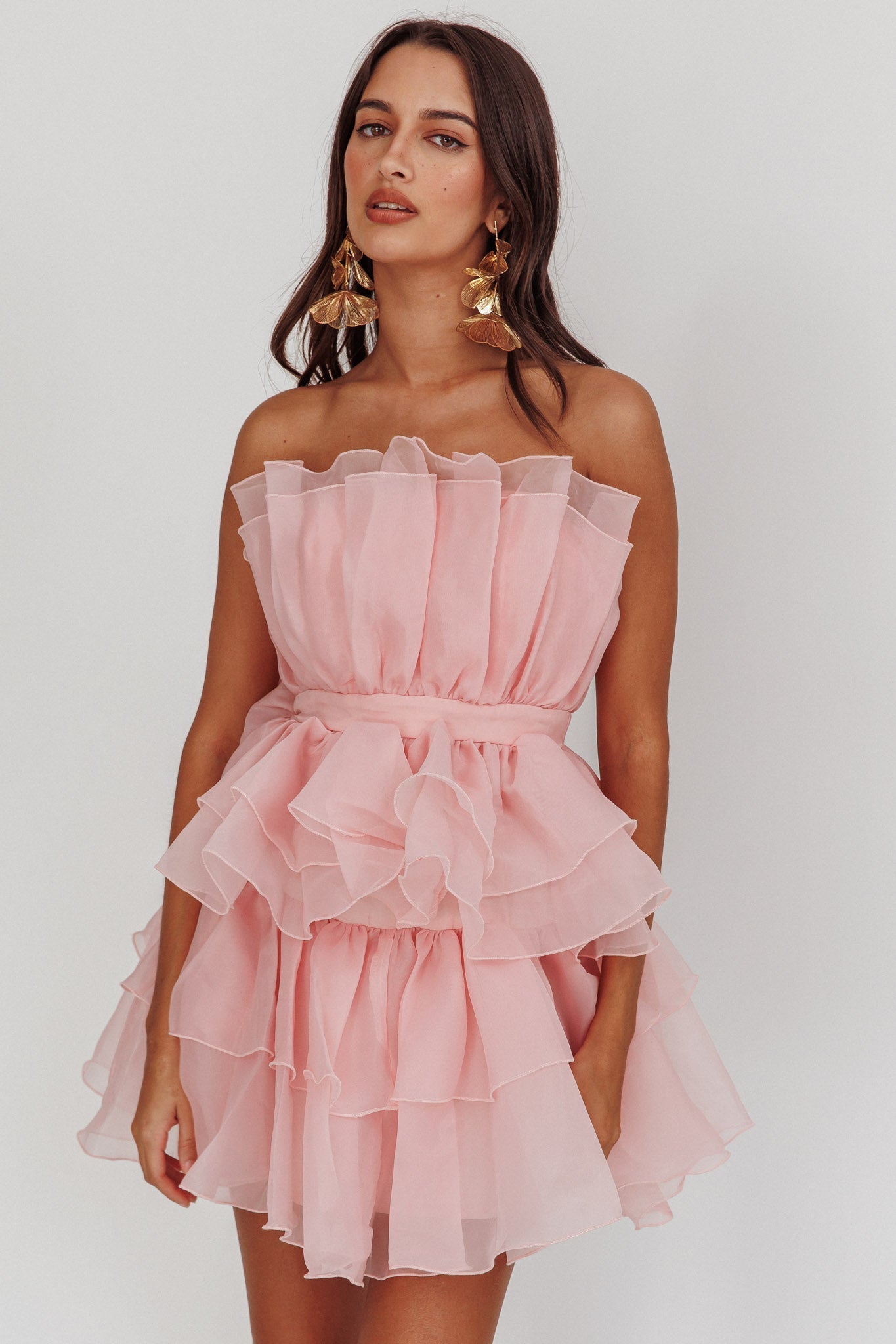 Bon Bon Tiered Chiffon Mini Dress Blush