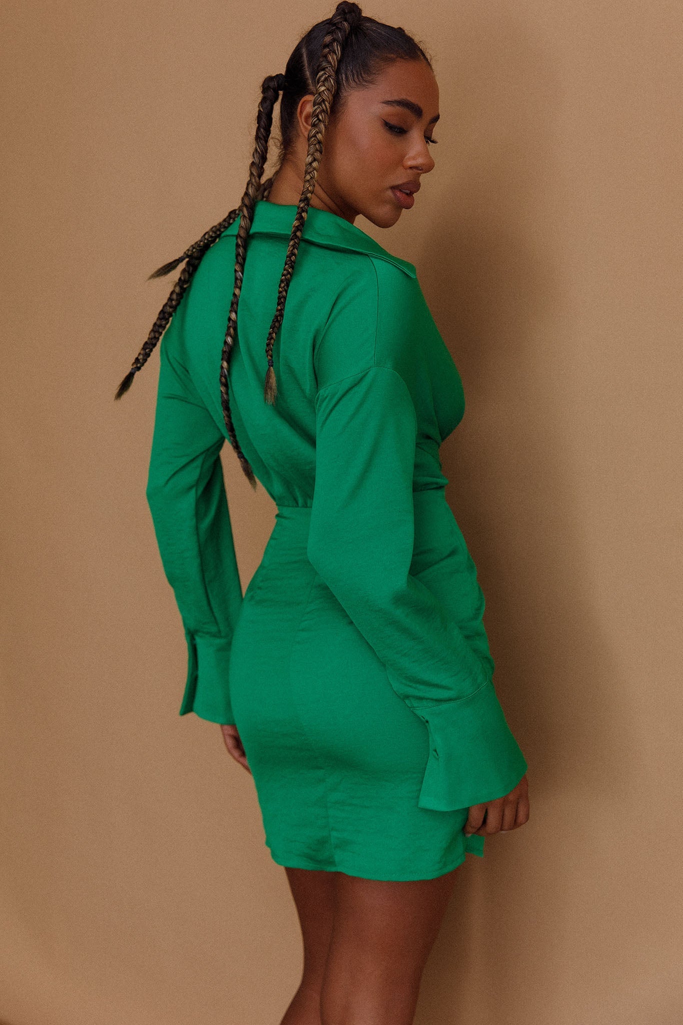 Romy Satin Shirt Dress Green