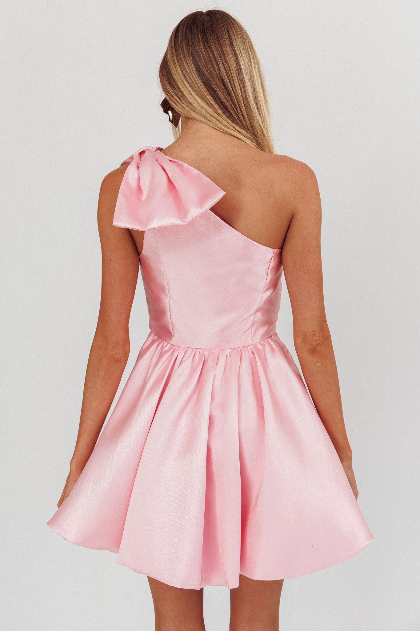 Athens Shoulder Bow Bubble Hem Mini Dress Blush