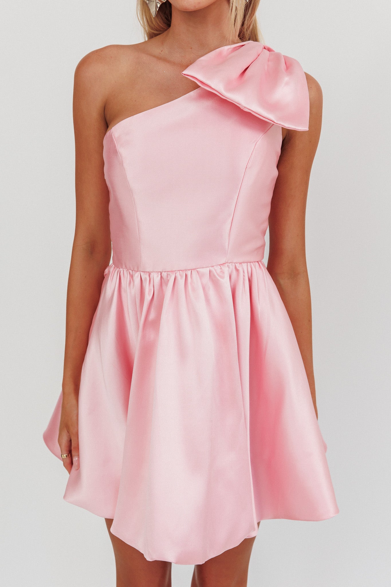 Athens Shoulder Bow Bubble Hem Mini Dress Blush