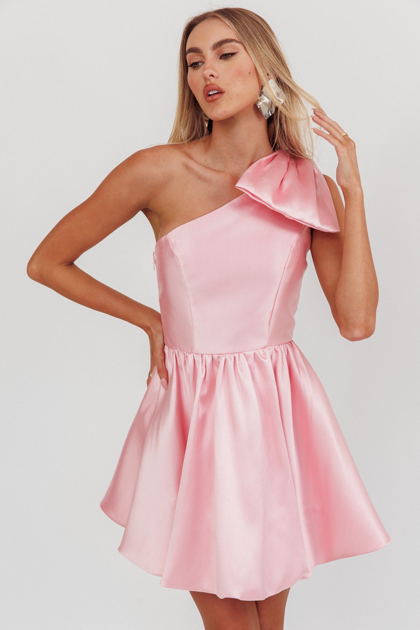 Athens Shoulder Bow Bubble Hem Mini Dress Blush