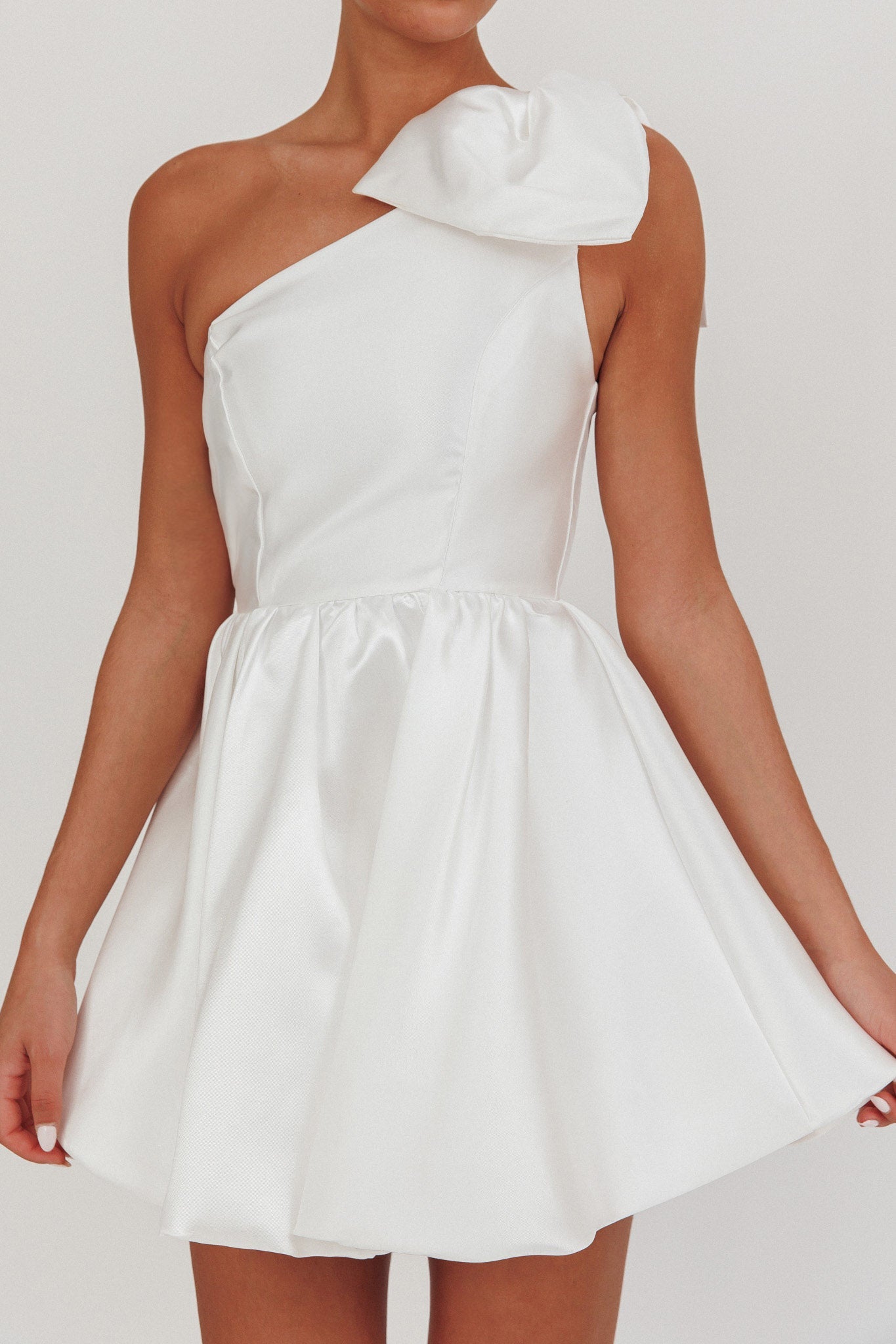 Athens Shoulder Bow Bubble Hem Mini Dress Off White