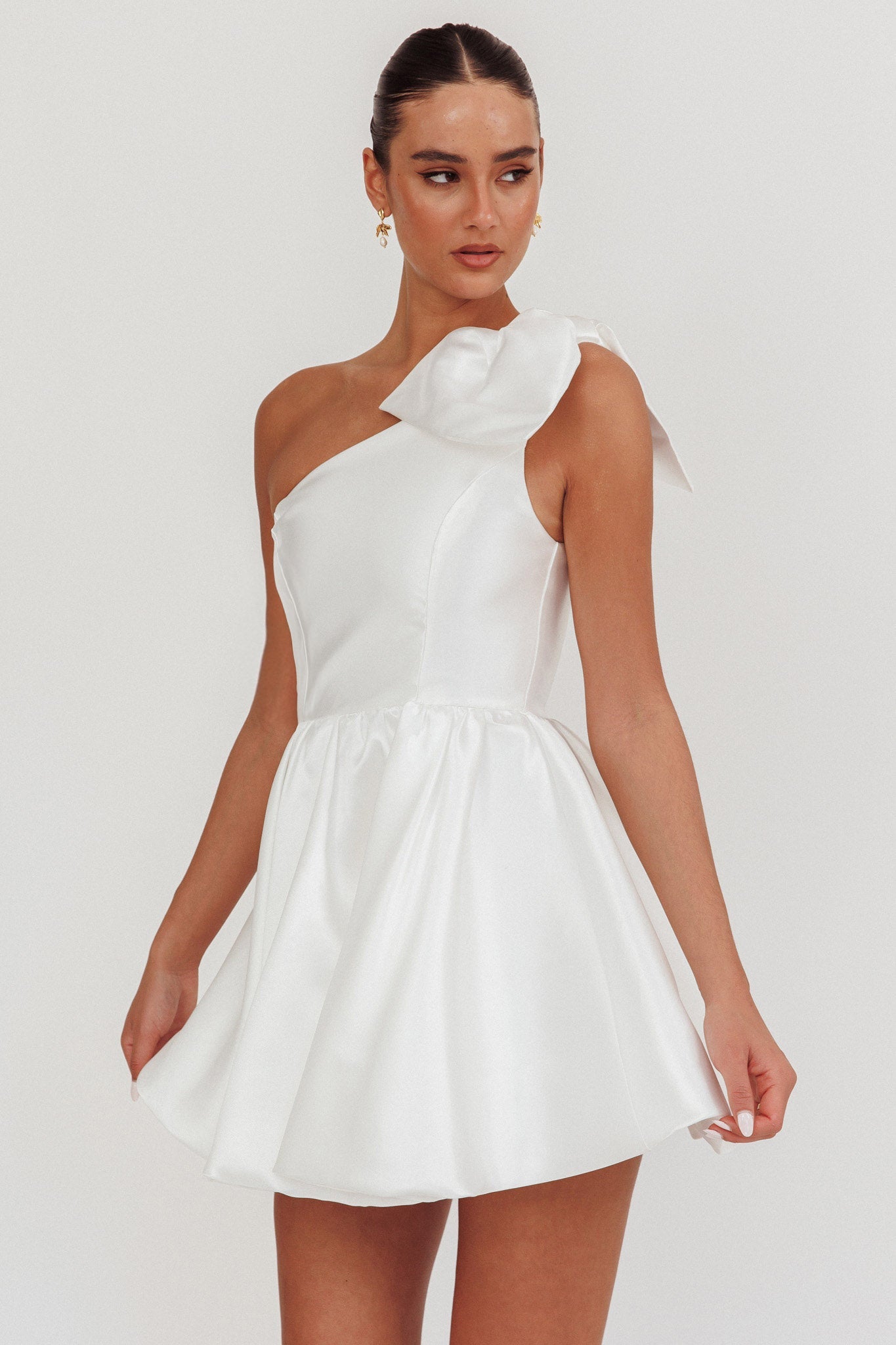 Athens Shoulder Bow Bubble Hem Mini Dress Off White