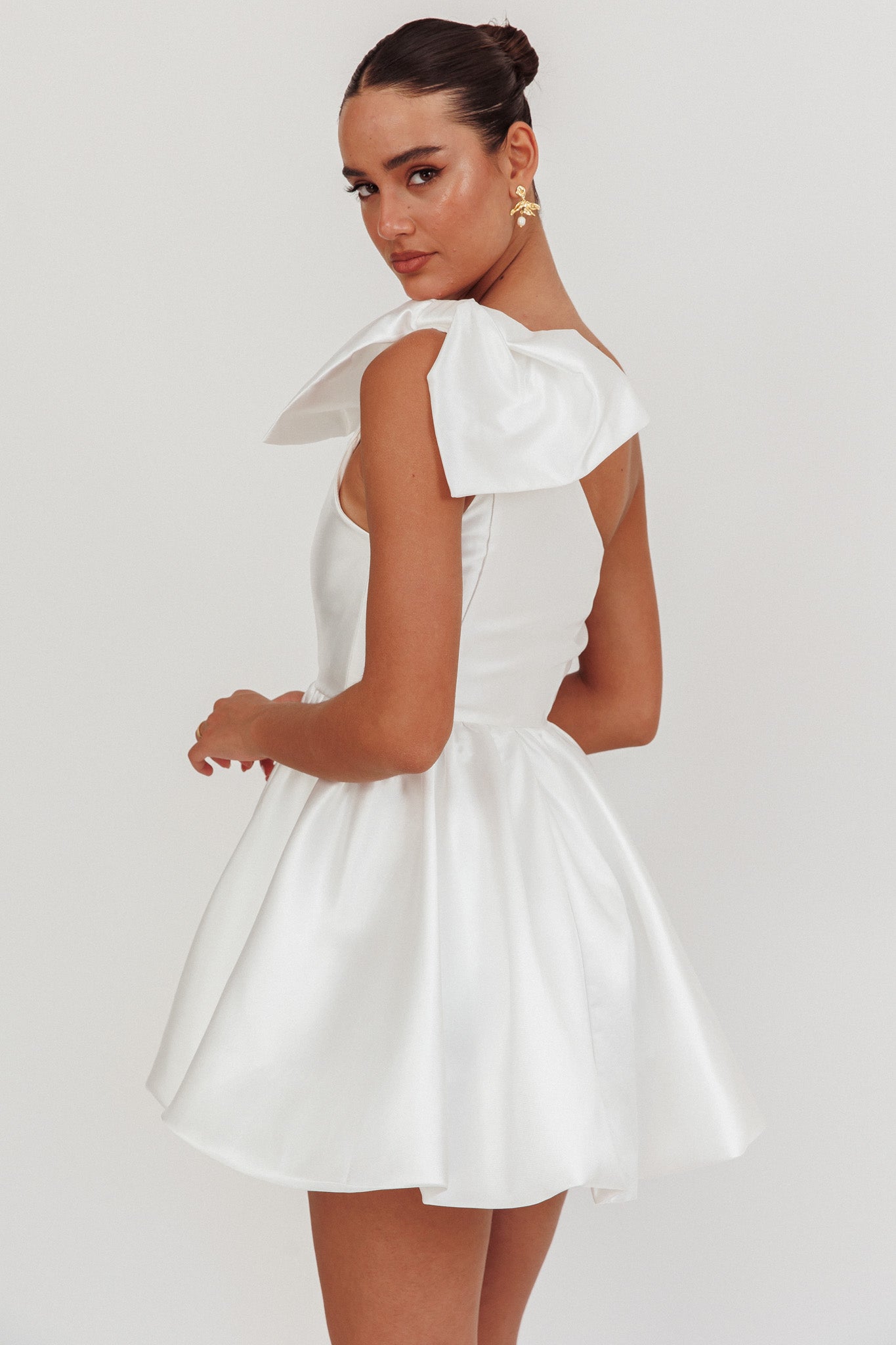 Athens Shoulder Bow Bubble Hem Mini Dress Off White