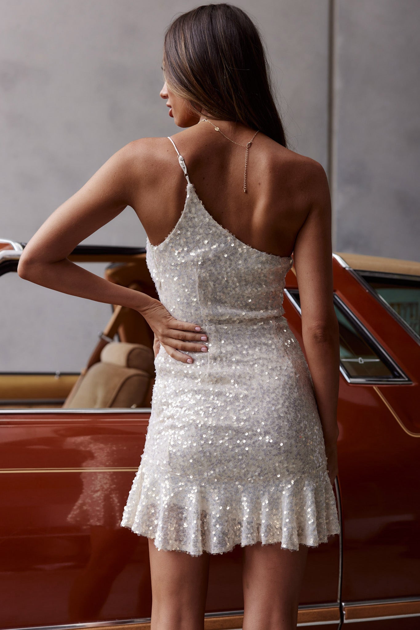 Don't Wait Up One Shoulder Sequin Dress Cream