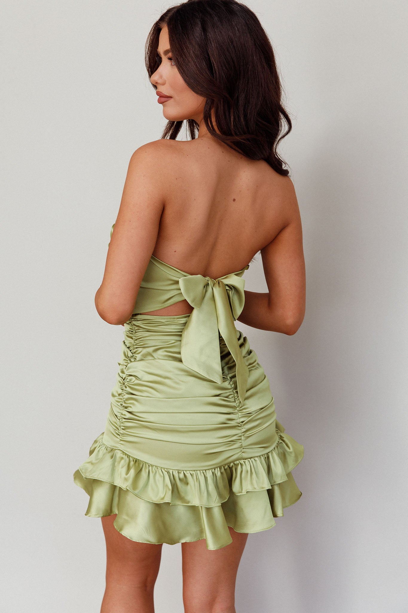 Annabella Strapless Tied Back Frill Hem Mini Dress Olive