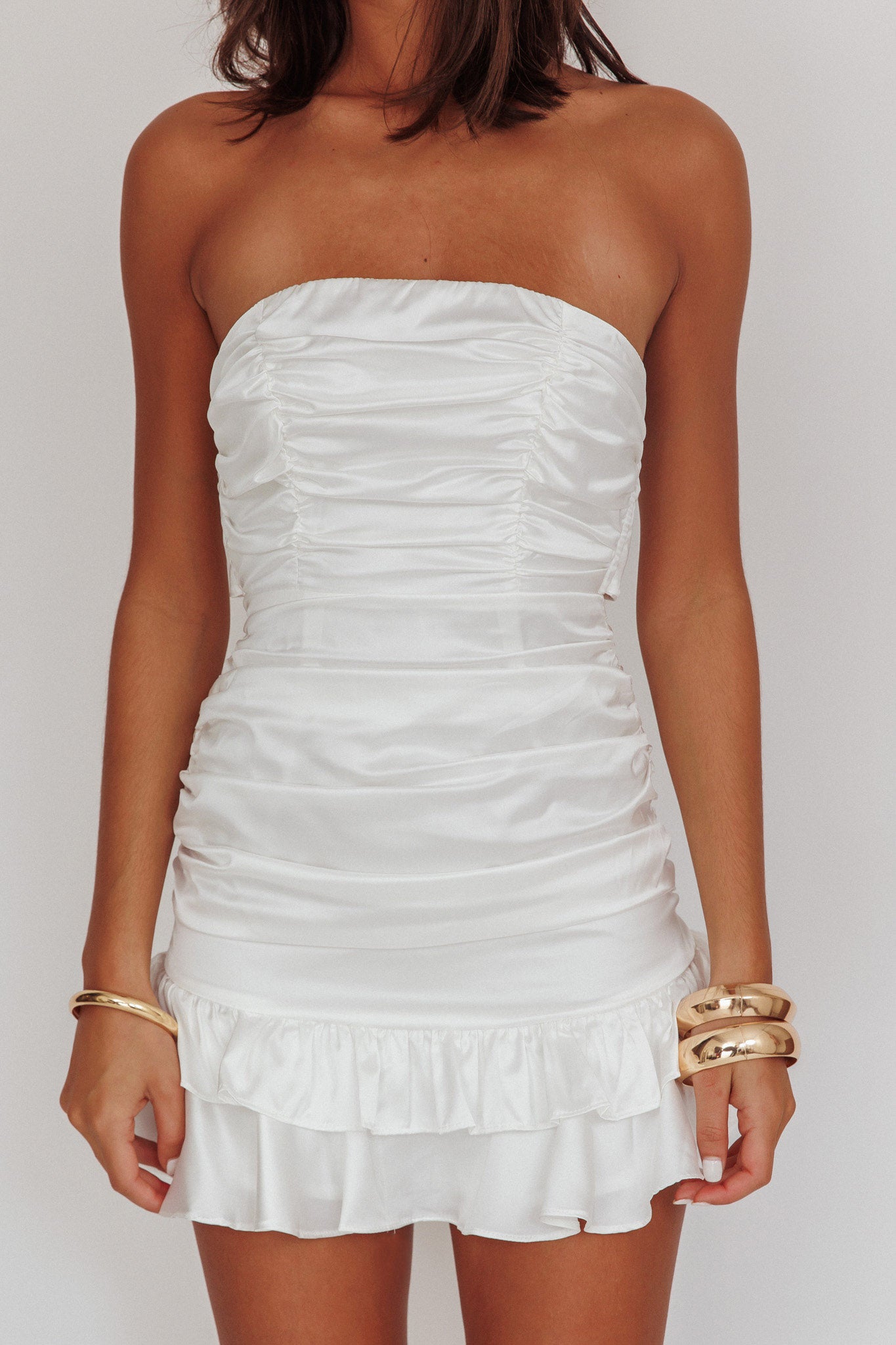 Annabella Strapless Tied Back Satin Mini Dress White