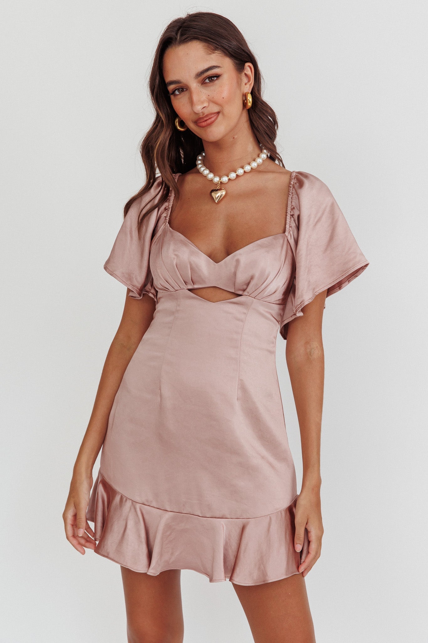 Eyes On You Pleated Bust Angel Sleeve Ruffle Hem Dress Blush