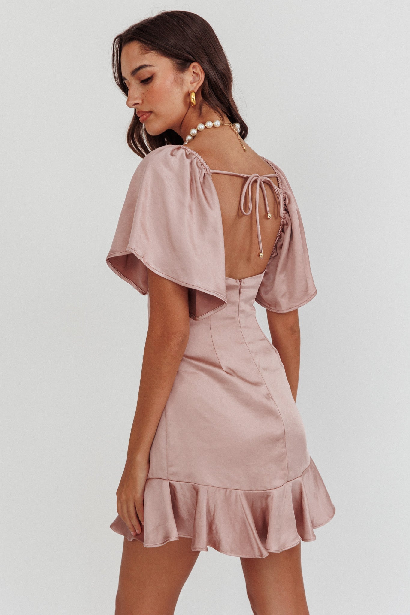 Eyes On You Pleated Bust Angel Sleeve Ruffle Hem Dress Blush