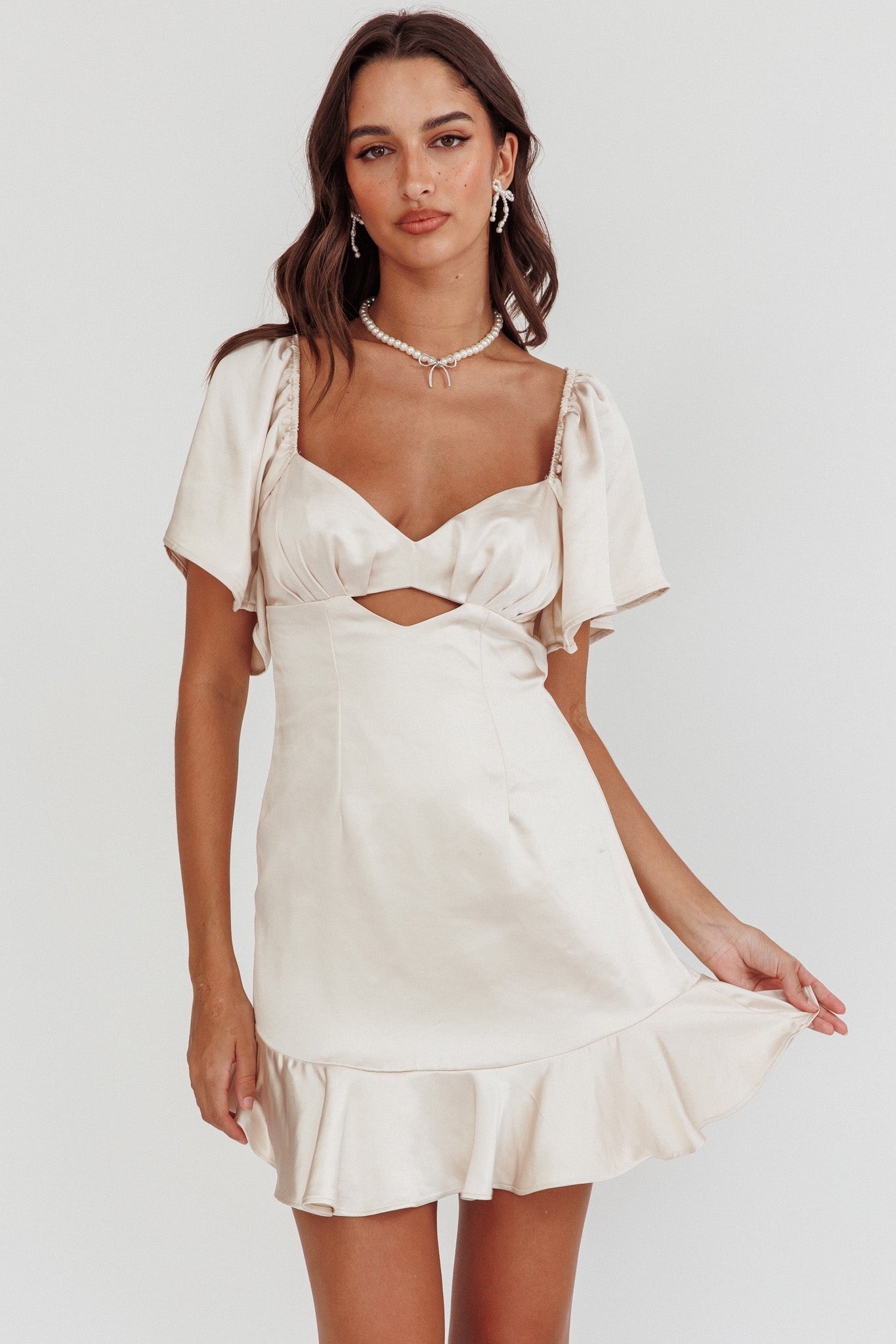 Eyes On You Pleated Bust Angel Sleeve Ruffle Hem Dress Champagne