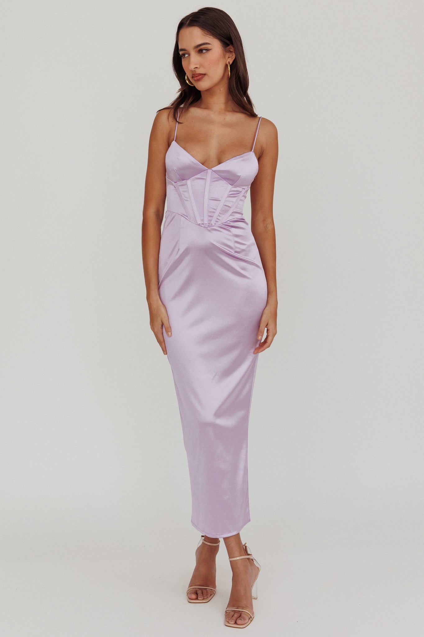 Seraya Lace-Up Back Satin Maxi Dress Lilac