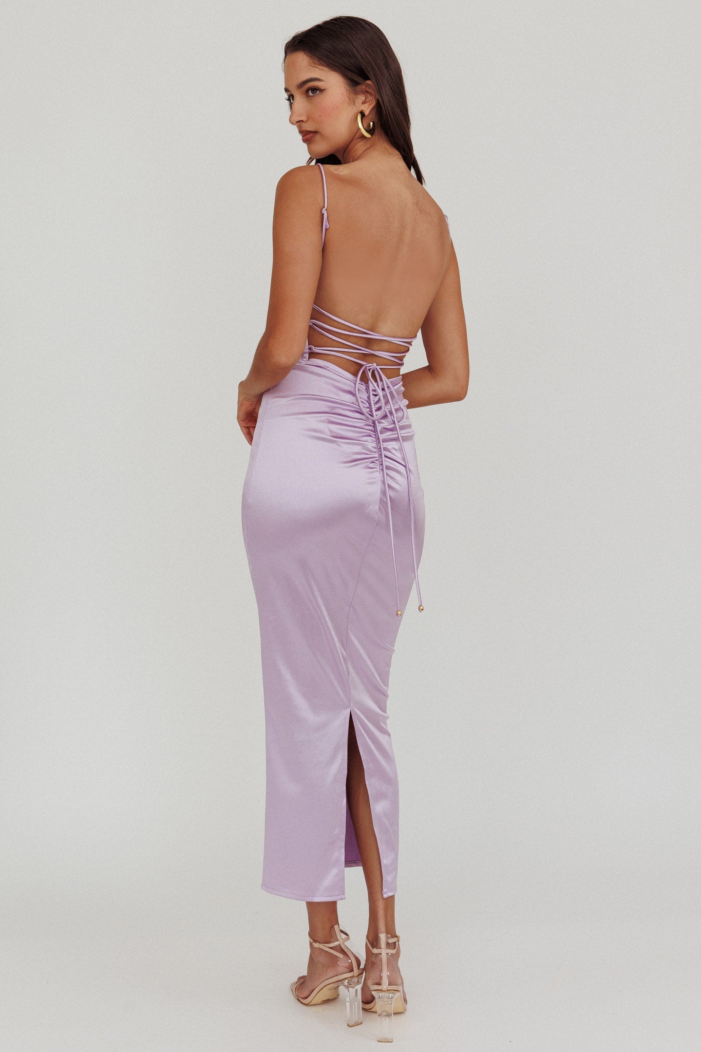 Seraya Lace-Up Back Satin Maxi Dress Lilac