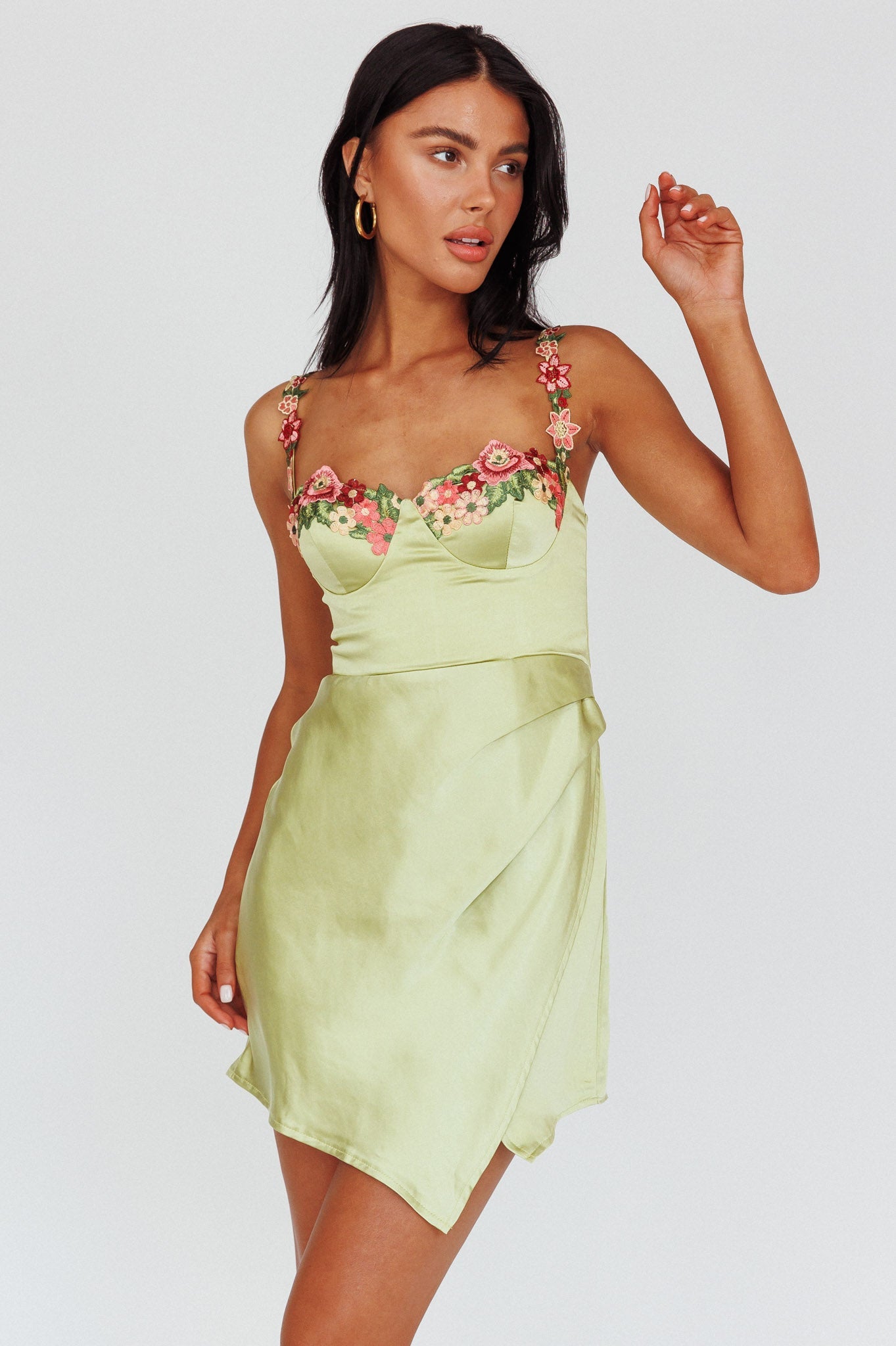 Rose Garden Floral Applique Wrap Mini Dress Lime