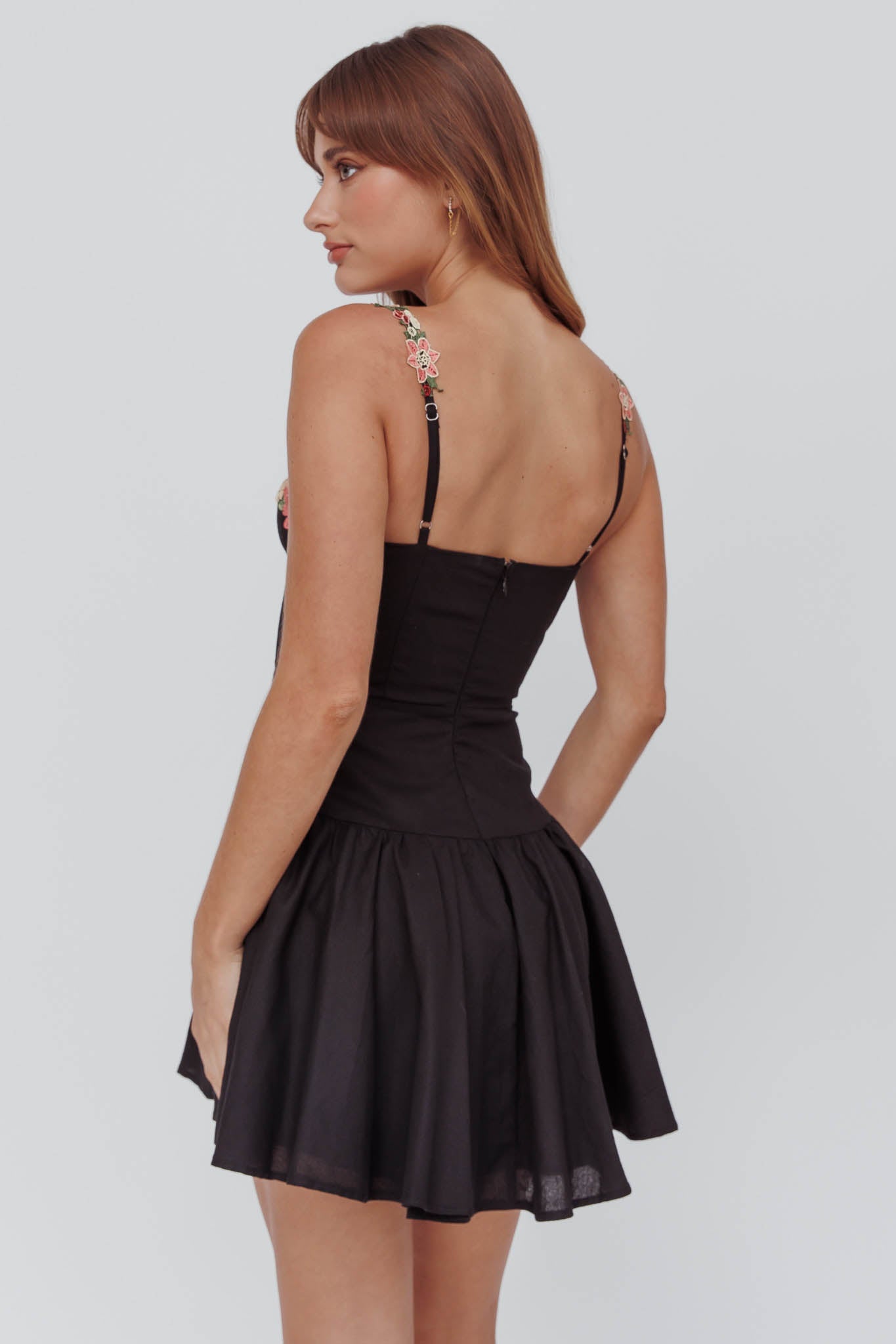 Rose Garden Flounce Mini Dress Black