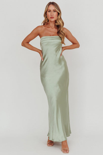 Kona Strapless Pleated Bust Satin Maxi Dress Sage