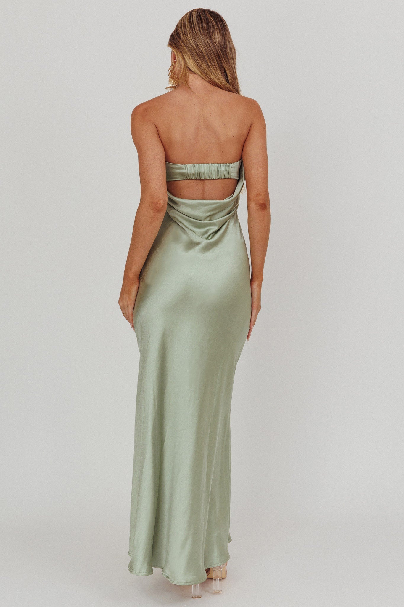 Kona Strapless Pleated Bust Satin Maxi Dress Sage