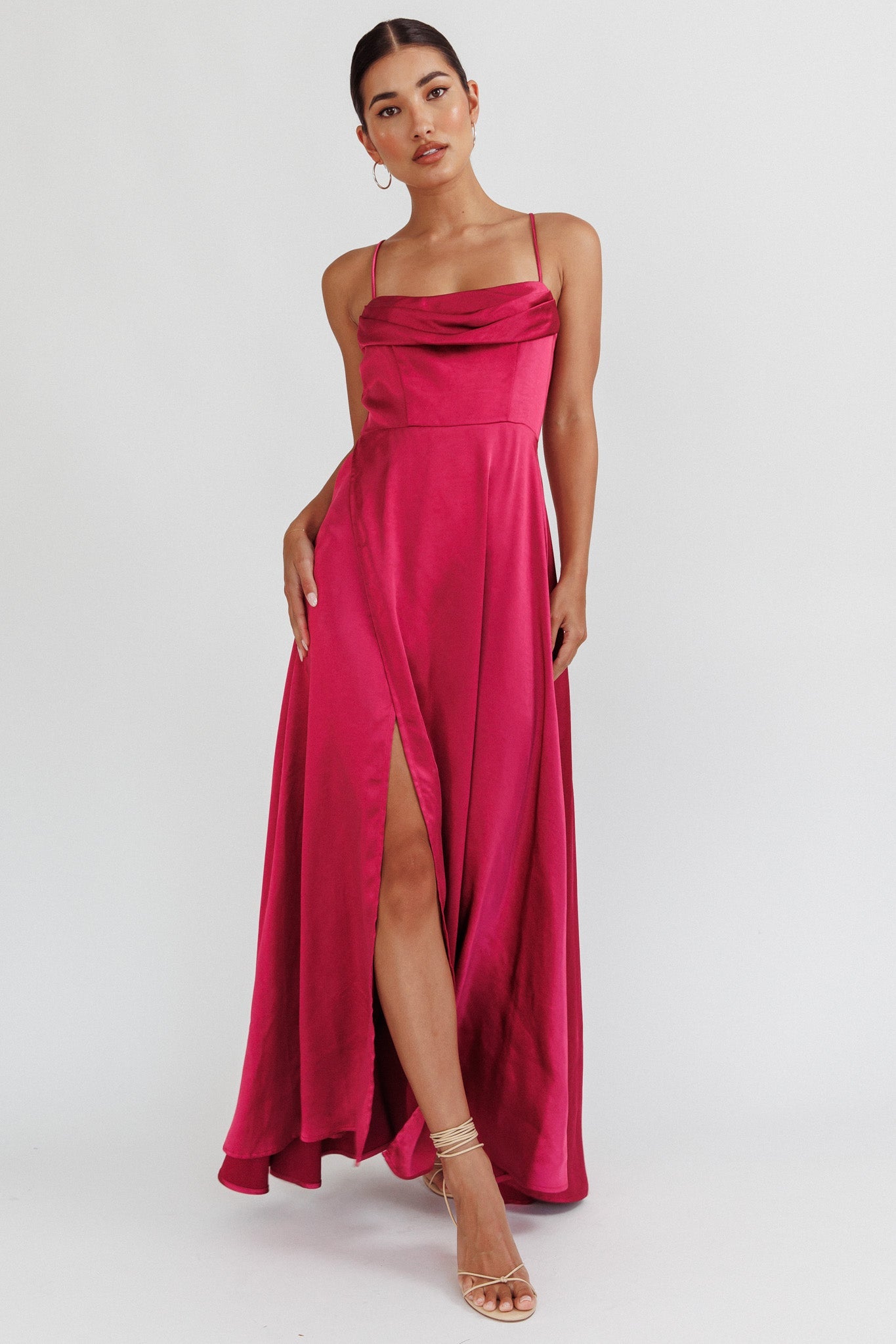 Inner Light Gathered Bust Split Maxi Dress Wine