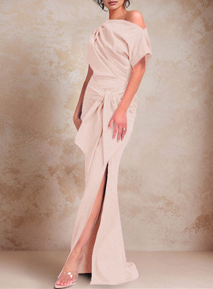 Trumpet/Mermaid One-Shoulder Short Sleeves Floor-Length Mother of the Bride Dresses with Ruffles & Split Side